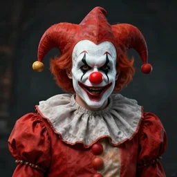 vladimir putin, horror clown costume, red nose jester, macabre, stuning 3 d render, masterpiece, dark, by donato giancola and greg rutkowski and wayne barlow and zdzisław beksinski, realistic face