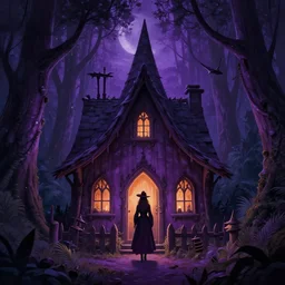 the cottage witch in the realm of the witch in purple jungle of witch's realm at night