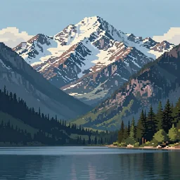 lakeside mountains, pixel art