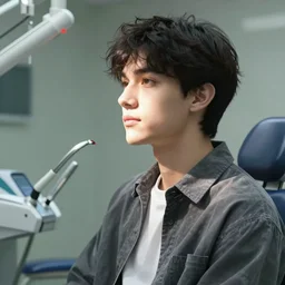 young man with black hair waiting for the dentist