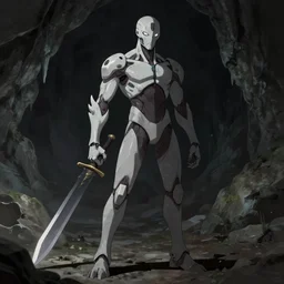 a humanoid creature, jagged blade, anime art, artstation, concept art, character design, dark cave background, dim lighting