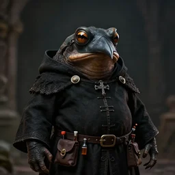 a portrait, a plump amphibious humanoid wearing a pointy bird style black plague doctor mask, short in stature, wearing black medieval robes, medical doctor, small vials and pouches on belt, spellcaster, style by donato giancola, wayne reynolds, jeff easley dramatic light, high detail, cinematic lighting, artstation, dungeons and dragons