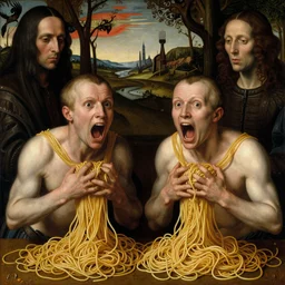 siamese twins made of spaghetti, looking straight into camera, screaming in desperation, by giuseppe arcimboldo and ambrosius benson, renaissance, intricate and intense oil paint, a touch of joseph cornell, beksinski and hr giger and edward munch, realistic