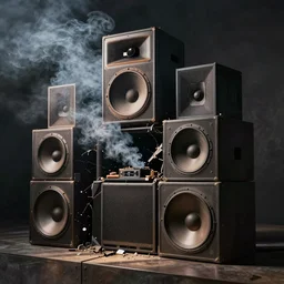 huge broken soundsystem, smoke