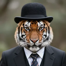 high quality portrait photo of a !older tiger! wearing a business suit and tie, wearing a bowler hat, !wearing spectacles!, !!Anthropomorphic!!, photography 4k, f1.8 bokeh, 4k, 85mm lens, sharp eyes, looking at camera