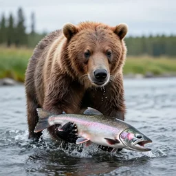 grizzly catch salmon in a river, 8 k photo