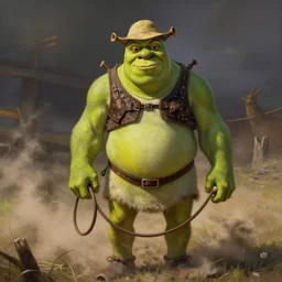 a beautiful dramatic epic painting of Shrek holding reins | he is shirtless and wearing a cowboy hat and covered in leather straps | dust clouds, prairie setting | homoerotic, highly detailed, dramatic lighting | by Mark Maggiori, by William Herbert Dunton, by Charles Marion Russell | trending on artstation