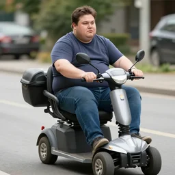 morbidly obese american with severe diabetes riding on a scooter