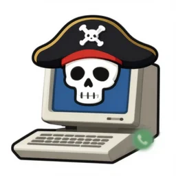 whatsapp sticker of a pirate skeleton using an old 8 0's computer, vector