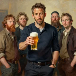 ryan reynolds brewing beer painting by gaston bussiere, craig mullins, j. c. leyendecker, tom of finland