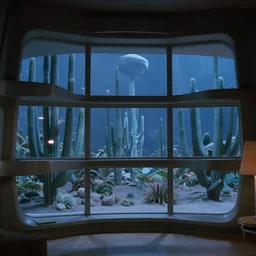 a luxury apartment with large windows, 1 9 8 0 s science fiction, windows overlooking an alien blue cactus jungle landscape, sci - fi film still, screenshot from a science fiction movie, ridley scott,