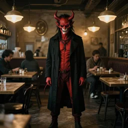 2 0 0 0 s photograph of a demon standing in a dimly lit cafe