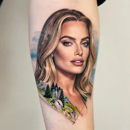 double exposure tattoo design sketch of beautiful mountain scenery blend in margot robbie face, in the style of matteo pasqualin, amazing detail