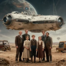 highly detailed, 256435456k film, 3225600mm film still from a sci fi blockbuster color movie made in 2019, set in 1860, of a family standing in front of a spaceship that has just landed on an alien planet, the family are all wearing 1860s era clothes, good lighting, good photography, ultra high definition