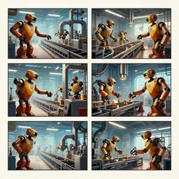 storyboard sketches of robot factory production line, cinematic, epic, 4 k, concept art by feng zhu