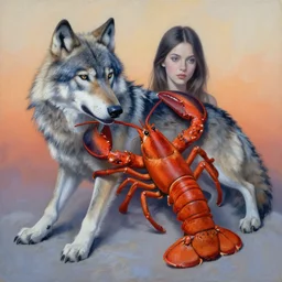 painting of hybrid between wolf & lobster, intercrossed animal, mixture animal, by zdzislaw beksinski, by tiffany bozic, by chris buzelli, cold hue's, warm tone gradient background, concept art, beautiful composition, digital painting