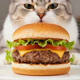 full close up image burger food in front of a cat, cat, cat, close up, full image, food, burger, hamburger, tasty look, artstation, style of jesper ejsing, by rhads, makoto shinkai and lois van baarle, ilya kuvshinov, rossdraws