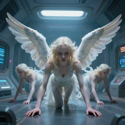 6-handed ethereal angelic creature crawling in a spaceship interior, ultra resolution, portrait photography, cinematic lighting, retrofuturism, centered, 8k, rtx on, sci-fi masters
