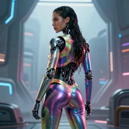 movie poster body portrait of wet jessica alba robot cyborg young woman standing from behind, overlooking a future SF from twin peaks, facing away from the camera, bold shiny rave outfit :: trending on artstation, morning, ue5, sci-fi concept art :: nixri, Greg rutkowski,::
