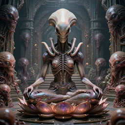 glistening elegant xenomorph alien meditating lotus position surrounded by creepy slimy alien face - hugger eggs, inside an alien temple shrine. by h. r. giger. beautifully detailed render, extremely hyper detailed, intricate, epic composition, cinematic lighting, masterpiece, trending on artstation, very very detailed, stunning, hdr, smooth, sharp focus, high resolution, award, winning photo, dslr, 5 0 mm