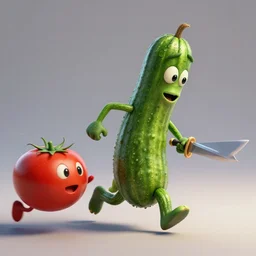 detailed 3 d render of a mad zucchini character with arms and legs and a long sword chasing after a tomato character, hyper realistic octane render, cinematic lighting, pixar surrealism