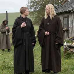 super tall breton monks with short village ritualist pagan woman looking like rasputin