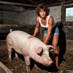 color photograph portrait of a muscular woman tending a large pig in a dirty barn, night, summer, warm lighting, 1 9 9 0 photographs from life magazine.