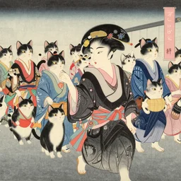 masterpiece ukiyo-e painting of a cat parade at night