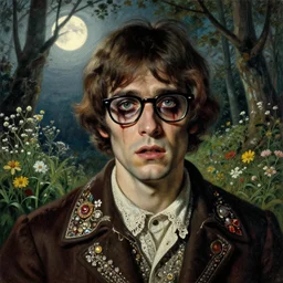 a handsome but creepy man in layers of fear, with haunted eyes, violence in his eyes, wearing glasses, 1 9 7 0 s, seventies, delicate embellishments, a little blood, woodland, moonlight shining on wildflowers, painterly, offset printing technique, by alexandre cabanel