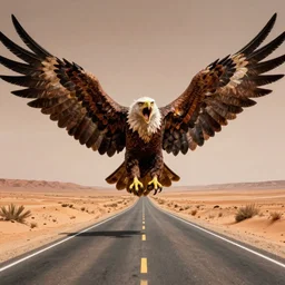 an elderly man with giant wings of an eagle, screaming, terror, desert highway, bold natural colors, national geographic photography, masterpiece, 8 k, raw, unedited, symmetrical balance