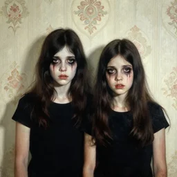 a baroque painting of two beautiful but creepy siblings wearing black band shirts in layers of fear, with haunted eyes and dark hair, 1 9 7 0 s, seventies, wallpaper, a little blood, morning light showing injuries, delicate embellishments, painterly, offset printing technique, by brom, robert henri, walter popp