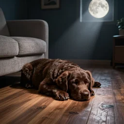 a chocolate brown labradoodle asleep on a wooden floor beside a small sofa. the room is dark, lit by a ray of moonlight. digital painting, 8 k. highly detailed, rich colors