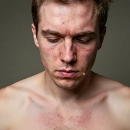 a caucasian man with the most acne in the world. acne on face, acne on body, huge zits all over body, desperate, depression, dark mood, hate life, puss zits, pimples