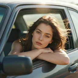 A portrait photography of a woman resting her head in the open window of a car. Wind is blowing. Warm light. Cinematic. Kodak Portra 800 film. Detailed. Lens flare.