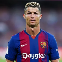 Ronaldo with a beard and a blond hair in barcelona jersey