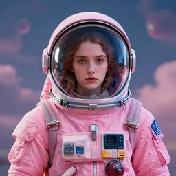 Portrait of a wearing a pink spacesuit, surreal background, digital art by Krenz Cushart, trending on artstation, cgsociety,