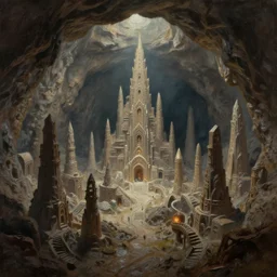 subterranean city in an enormous cave, Painting, Fine Art, Oil Paint, Cinematic, Dramatic, 3-Dimensional, Artstation, Octane render