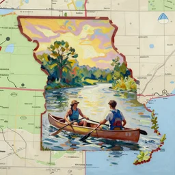 A map of the State of Missouri, the map shows two people in a canoe on a river, oil painting.