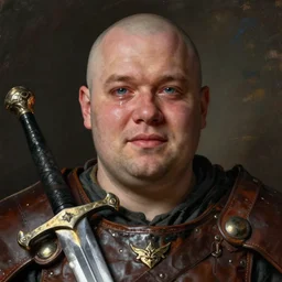 rulf mournhell, solo male weary soldier, young adult, bald, weepy blue eyes, oblong ugly face, overweight, portly, jovial, leather armor, shortsword, clear symmetrical eyes, a male dnd fighter's portrait, clear eyed, realistic, by brian patterson and rhads!!!, palette knife background