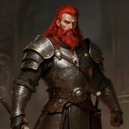 an concept art of the barbarian bearded king, red hair, one eye, intricate details, detailed face, detailed armour, artstation, epic pose, ambient light, by rembrandt