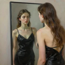 fashion model looking in mirror, ultrarealism oil painting