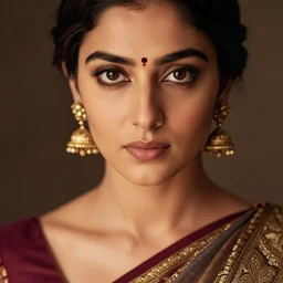 a portrait photograph of a beautiful woman in an elegant sari, intense focused expression, dof, sharp focus, highly detailed face, symmetric face, realistic iris, warm color palette, cinestill 8 0 0 t, photography by paolo roversi