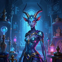 portrait of jewel djinn alchemist in loot chamber filled with magic items in the style of Rob Lefield and Dan Mumford , trending on artstation, digital art,surrealism ,macro,blueprint ,vaporwave ,