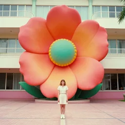 giant flower head, frontal, girl standing in mid century hotel, surreal, symmetry, bright colors, cinematic, wes anderson