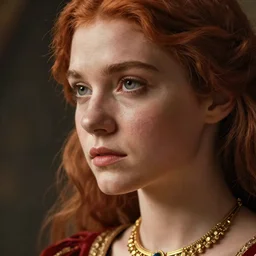 face of a female princess, ginger hair, tanned, beautiful, golden necklace, red tunic, close - up, stunning, detailled, by luis royo, fantasy, medieval