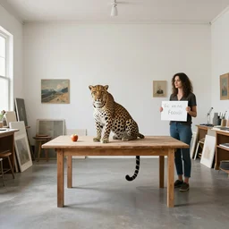 A 10ft by 10ft art studio, a leopard is sitting at the table in the middle of the room with an apple on the table, woman his holding a sign, table is centered