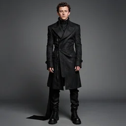 tom holland, portrait of a tom holland wearing rick owens clothing, rick owens drkshdw, darkwear look and clothes, we see them from feet to head, highly detailed and intricate, luxury, outfit photo, trending on r / streetwear, beautiful face