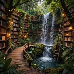 professional digital art of a library in a forest with wooden bridges and waterfalls, cozy, lanterns, fairy lights, nature, plants, vines, bridges, ladders, pond, trickling water, fantasy, high quality, hd, 4 k, 8 k