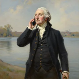painting of george washington talking on his iphone as he crosses the delaware river