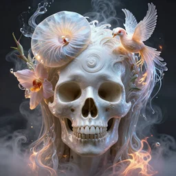 3 d close - up swirly skull portrait!! of the face!! of a beautiful goddess!! with translucent nautilus jellyfish phoenix bird and giant orchid flower and giant gladiola surrounded by smoke and water fire energy flow, highly detailed. octane render, excellent composition, by wlop, tooth wu, greg rutkowski, beeple
